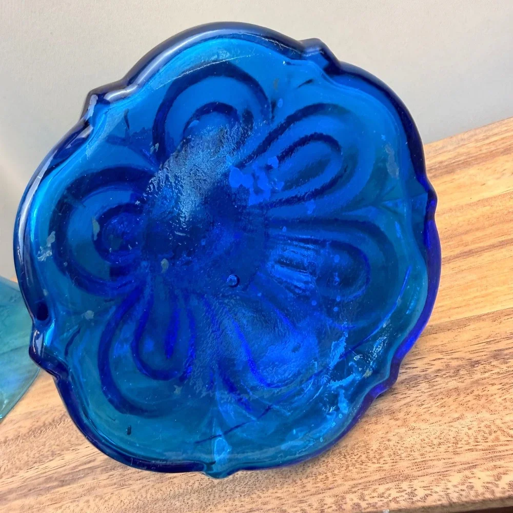 Vintage Blue Glass Hurricane Candle Holder Floral Embossed 2 Piece 18.5 Inch